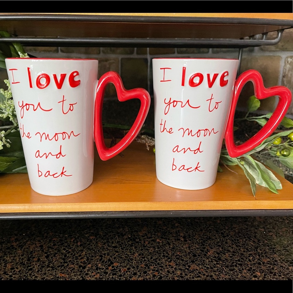 I LOVE YOU TO THE MOON & BACK Heart Handle Coffee Cappuccino Latte Mugs Set Of 2